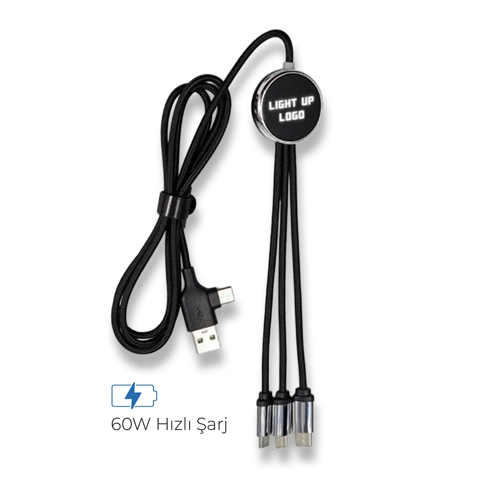 Işıklı Logo 60W Hızlı Type-C Uçlu Data Transferli Şarj Kablosu