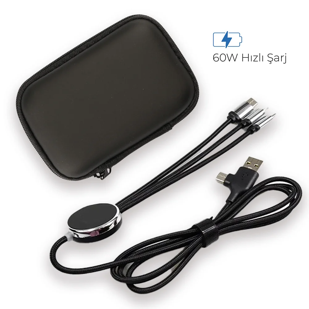 Işıklı Logo 60W Hızlı Type-C Uçlu Data Transferli Şarj Kablosu (Çantalı)